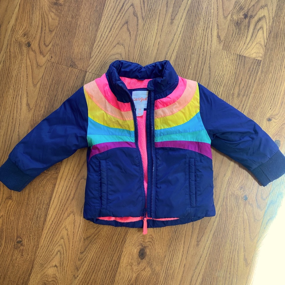 12M Bright rainbow and navy Cat & Jack tiny puffer jacket